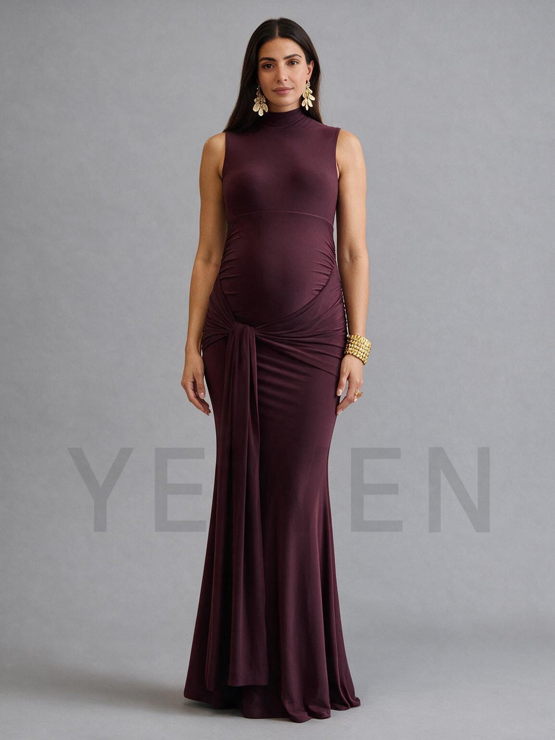 High Neck Fitted Maternity Dress for Baby Shower with Draped Tie Waist