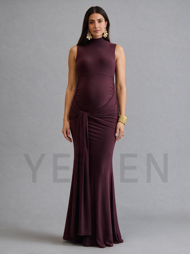 High Neck Fitted Maternity Dress for Baby Shower with Draped Tie Waist