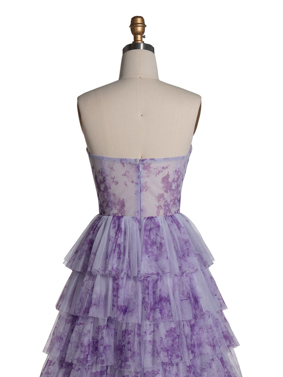 Lavender Tiered Gown Elegant Layered Printed Tulle Prom Party Dress YE3024