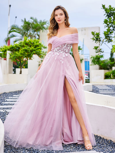 A-line, Off The Shoulder,  Dusty Pink , Tulle Prom Dresses with Lace 