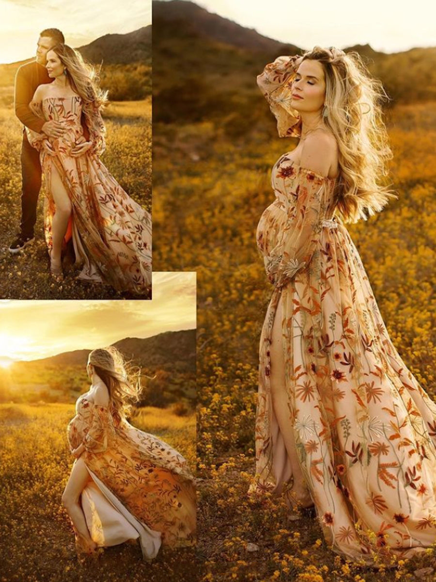 Off Shoulder Long Sleeve Embroidery Lace Colored Wedding Dress Photo Shoot Dress YW230320