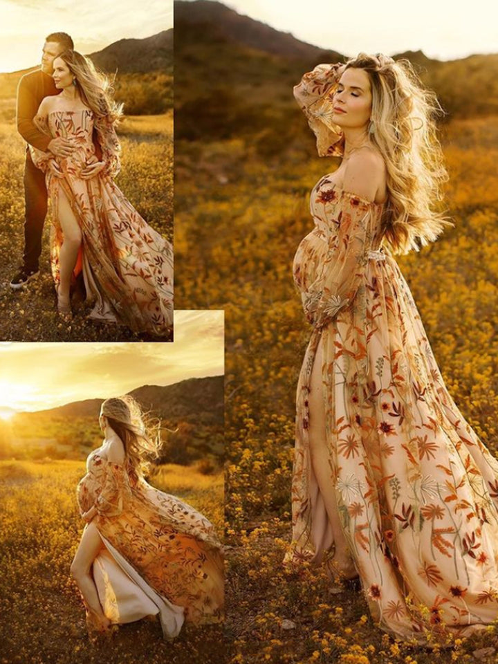 Off Shoulder Long Sleeve Embroidery Lace Colored Wedding Dress Photo Shoot Dress YW230320