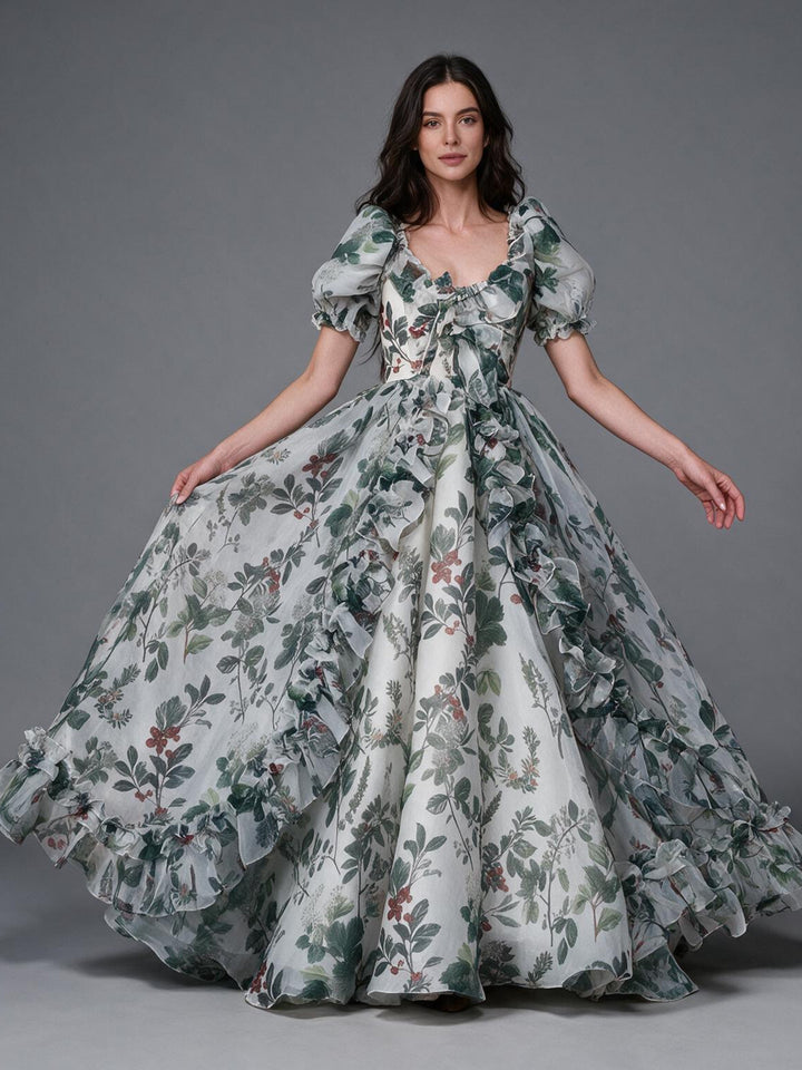 Cream Green Botanical Floral Puff Sleeve Princess Dress YW2610162
