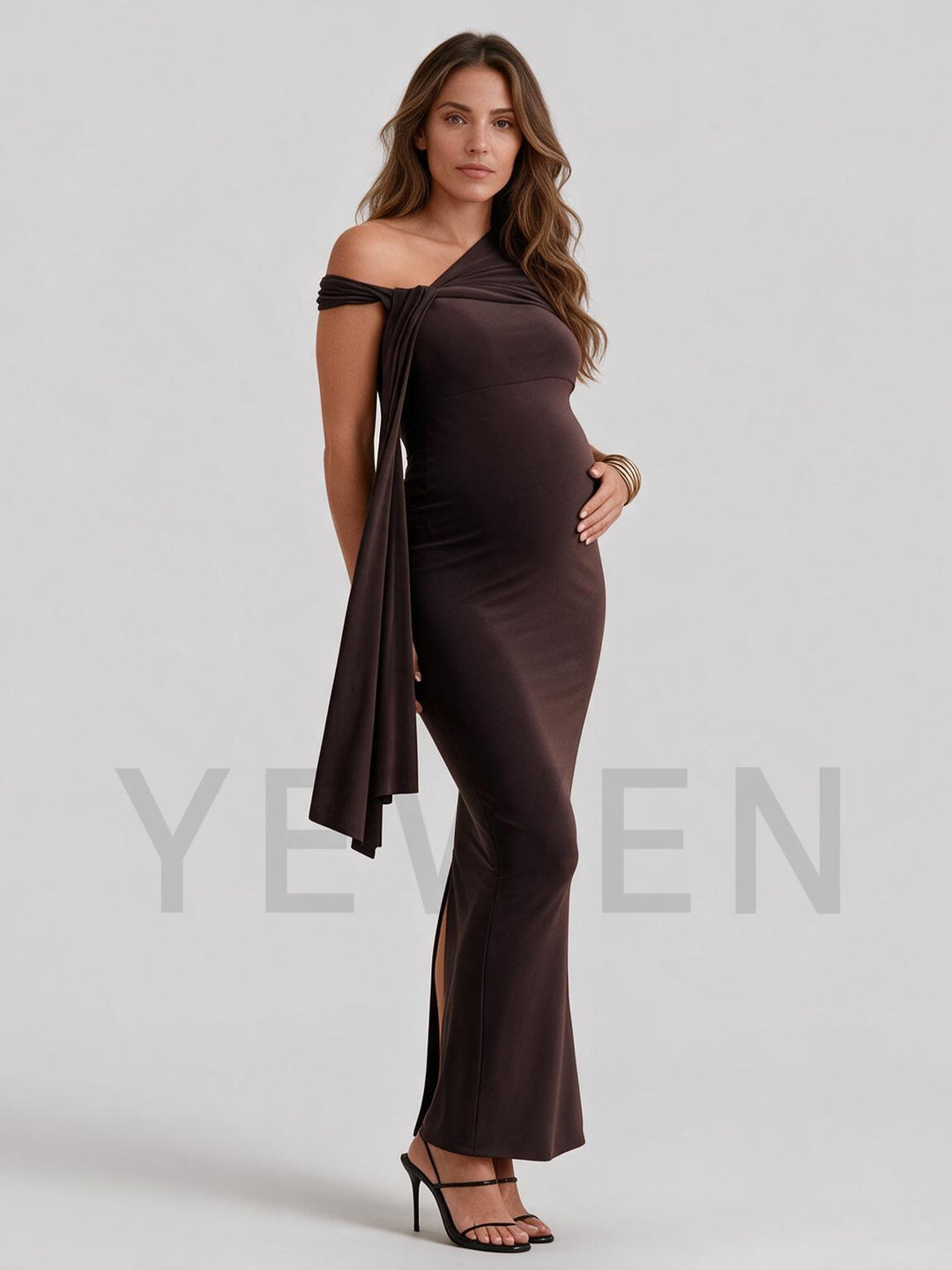 Asymmetrical One-Shoulder Twist Ruched Maternity Dress for Baby Shower