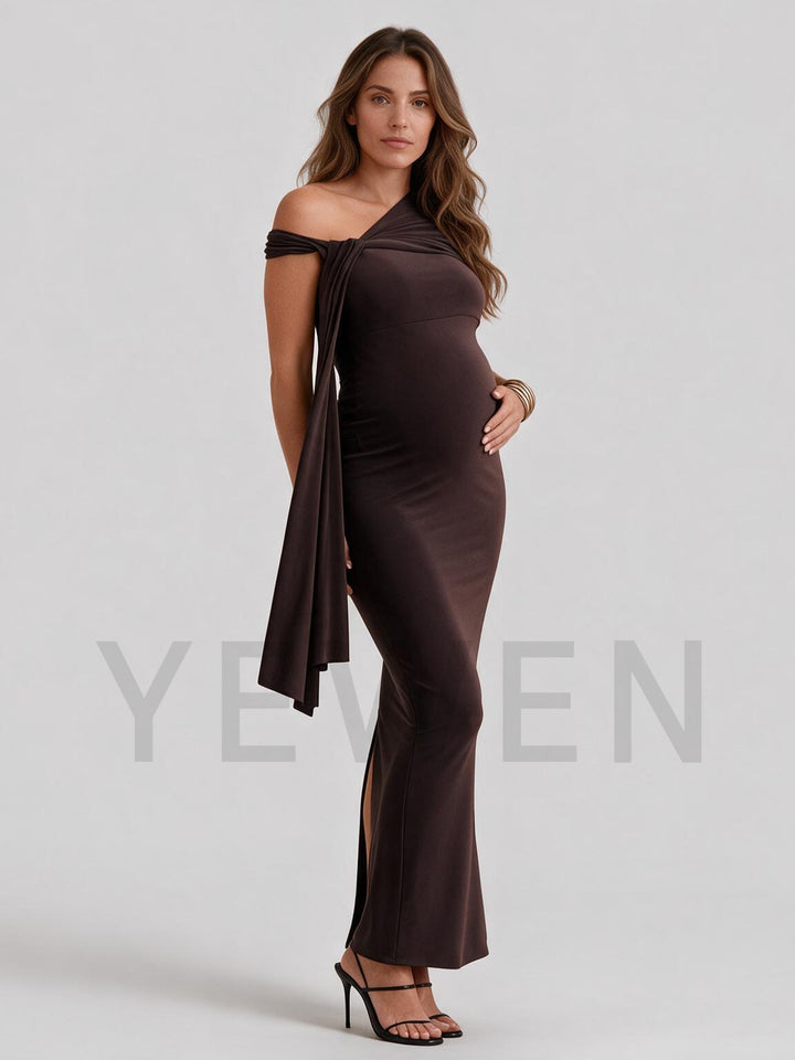 Asymmetrical One-Shoulder Twist Ruched Maternity Dress for Baby Shower