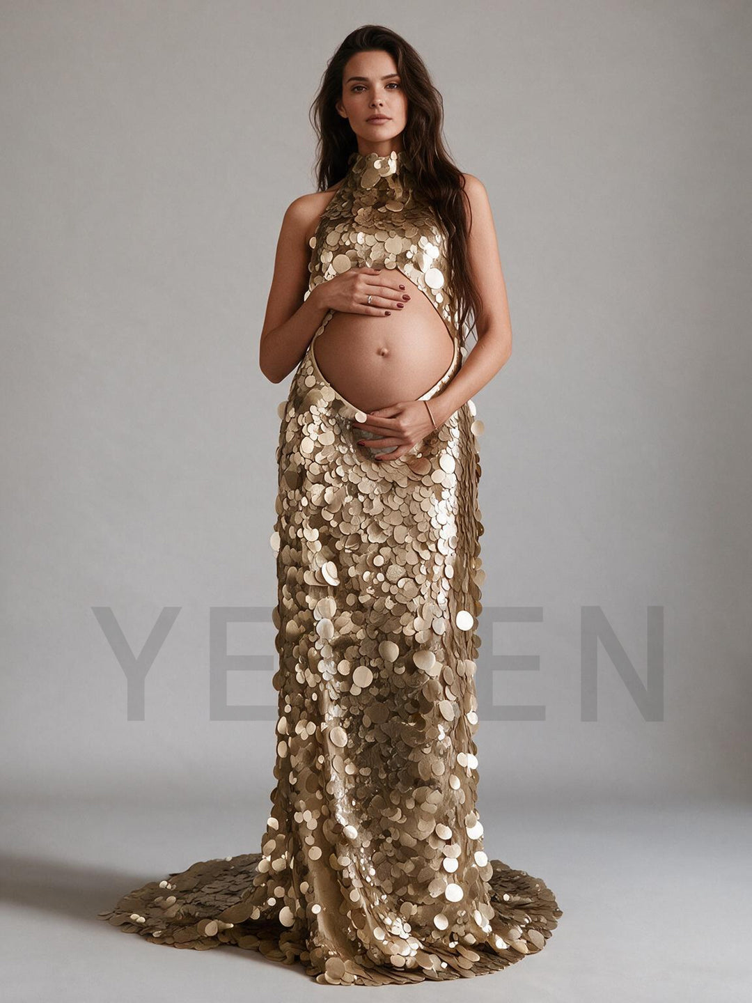 Halter Cutout Belly Sequin Maternity Baby Shower Dress YW2609233