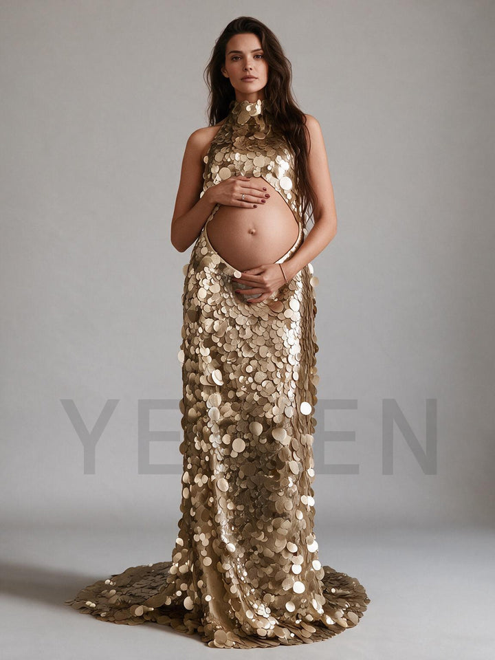 Halter Cutout Belly Sequin Maternity Baby Shower Dress YW2609233