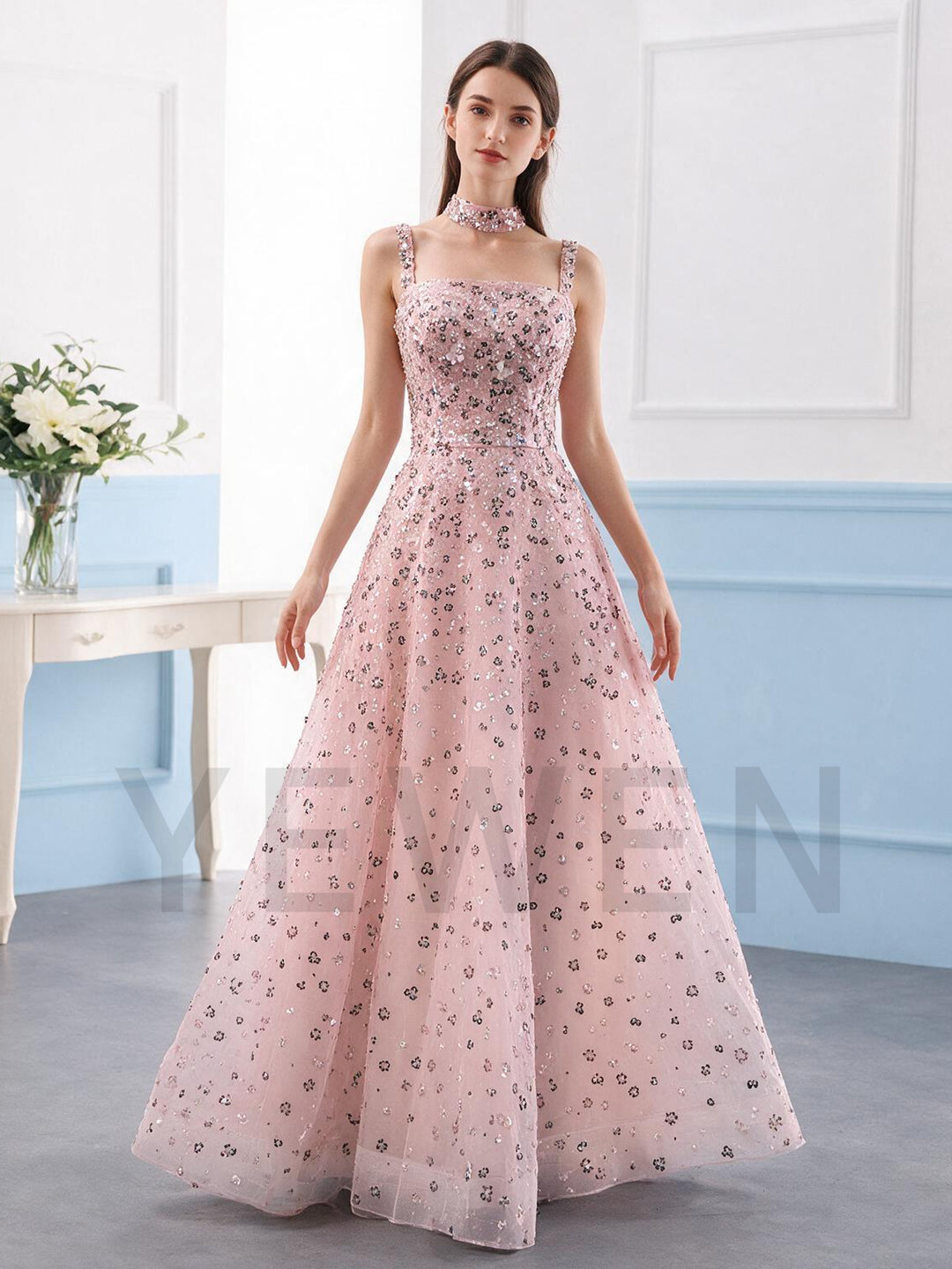 A-Line Square Neck Sequin Floral Evening Gown YX007