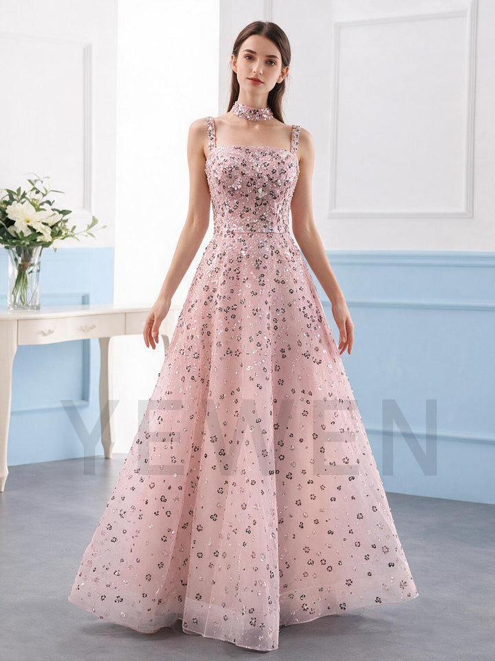 A-Line Square Neck Sequin Floral Evening Gown YX007
