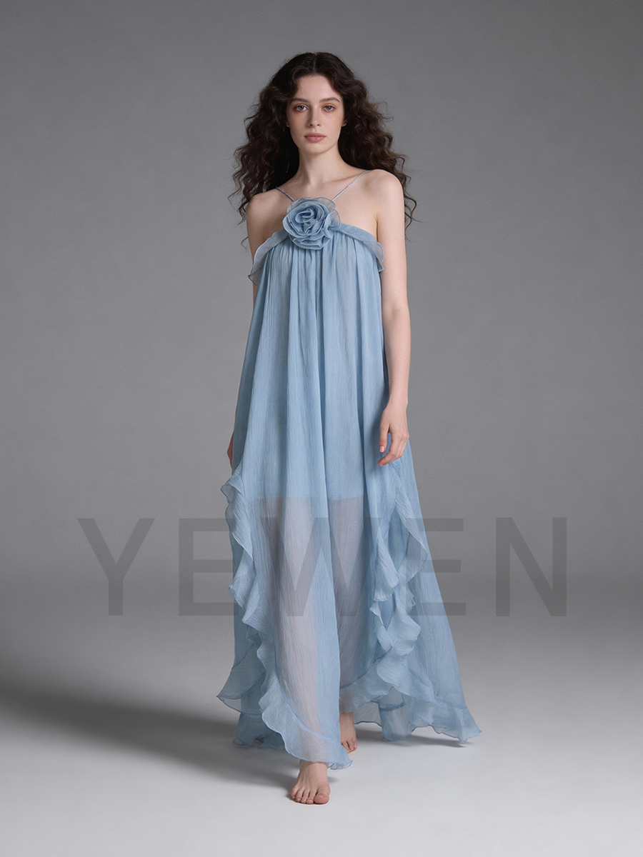 Halter Neck Maxi Dress with Ruffles 3D Flower Chiffon Boho Beach Dress Gathered Dress Honeymoon Maxi Dress YW250094