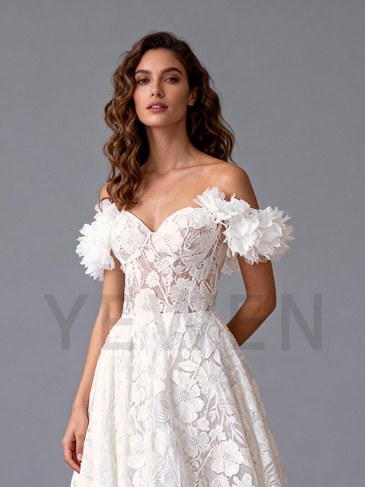 Romantic Off Shoulder Lace Wedding Dress Bridal Gown for Garden Wedding