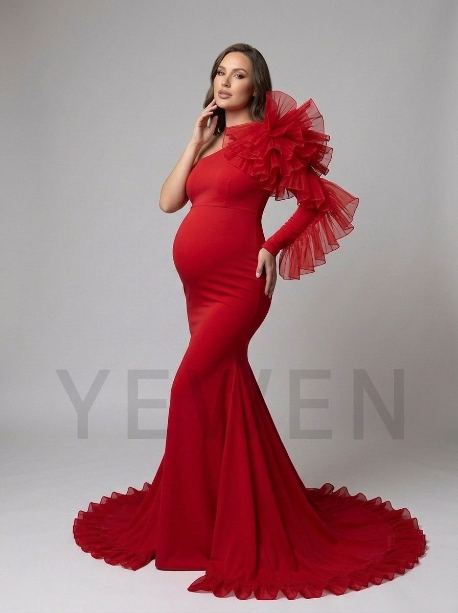 Red One-Shoulder Ruffle Mermaid Maternity Christmas Dress YD261017