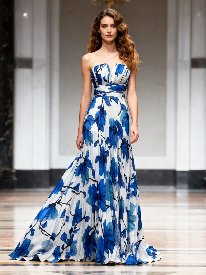 Fashion Blue Print Pleated Evening Dress Long Dress F25162J
