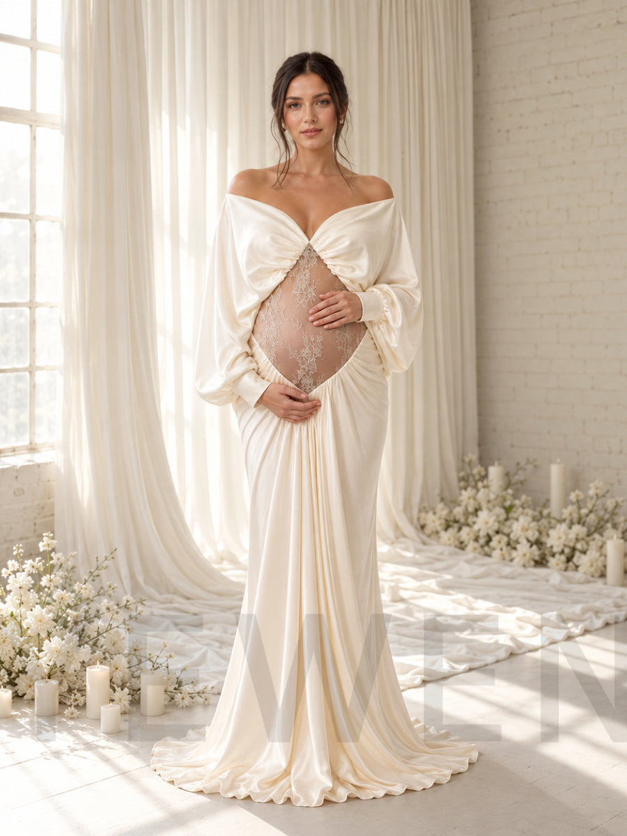 Off-Shoulder Sheer Lace Belly Maternity Photoshoot Gown HY269006