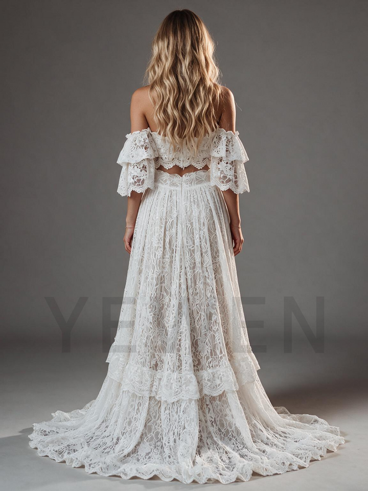 Ivory Lace Two-Piece Off-Shoulder Wedding Dress with High Slit Ruffle Skirt