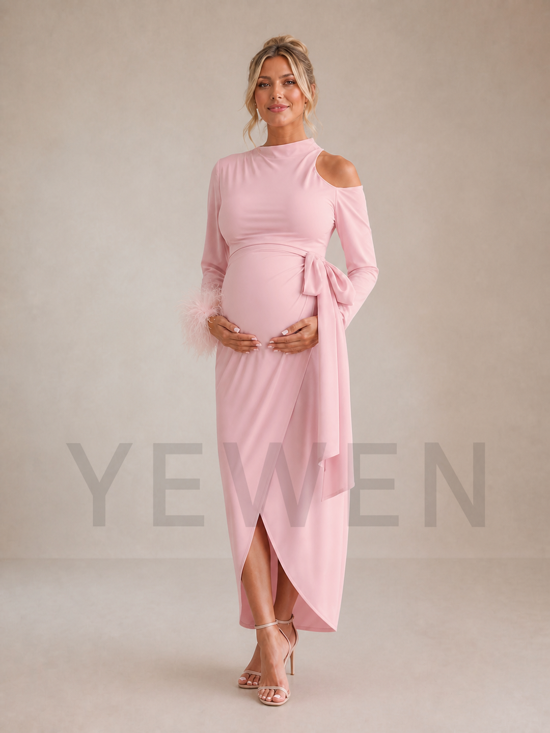 Elegant Pink Maternity Midi Dress Cold Shoulder Gown with Feather Cuffs ZX003