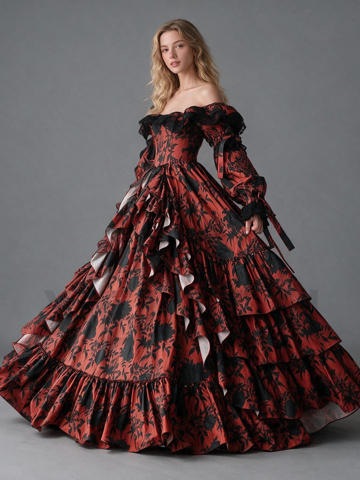 Victorian Off-Shoulder Floral Long Puff Sleeves Princess GownYW2610097