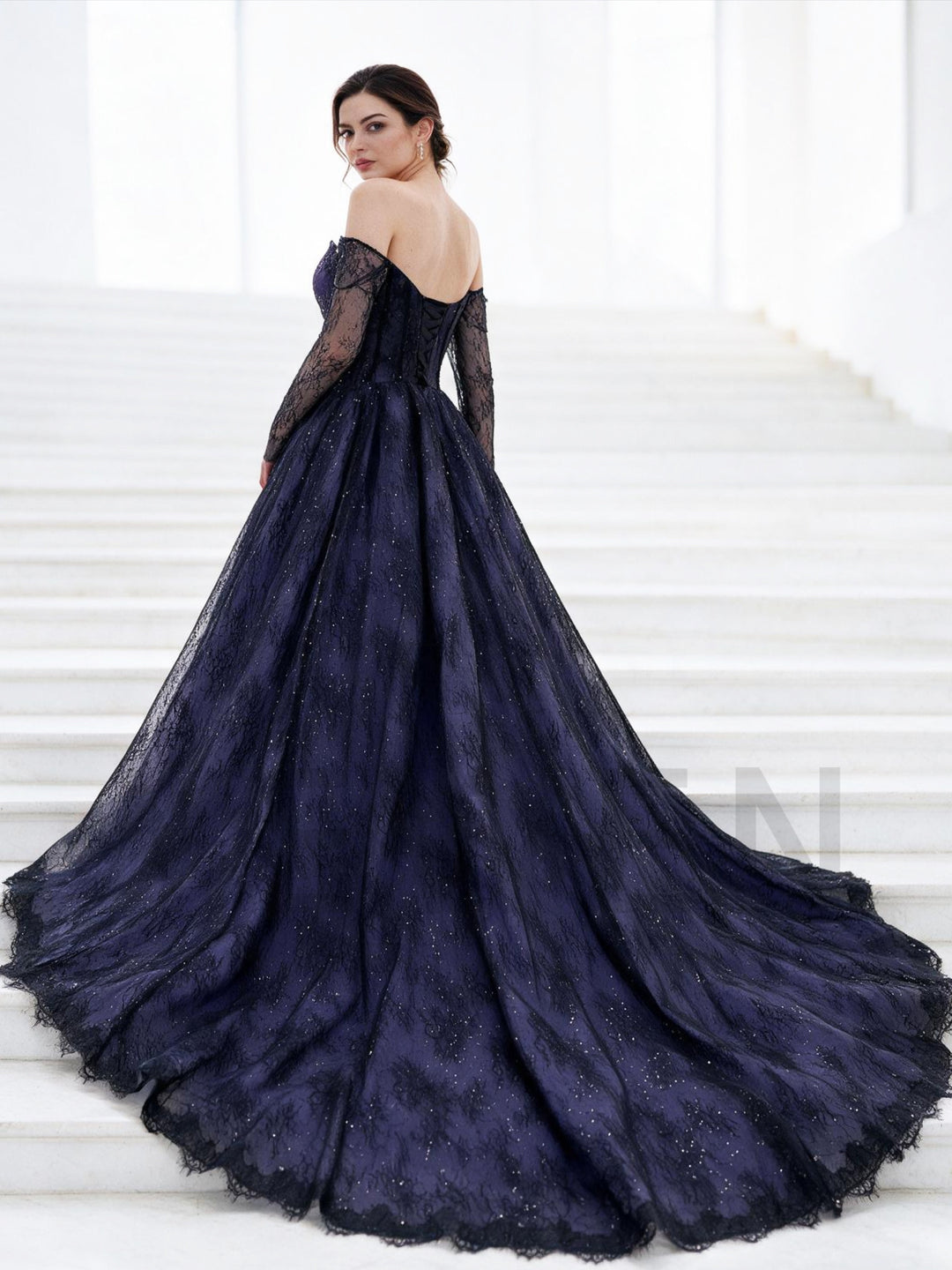 Navy Purple Off-Shoulder Long Sleeve Corset Lace Evening Gown YX26106