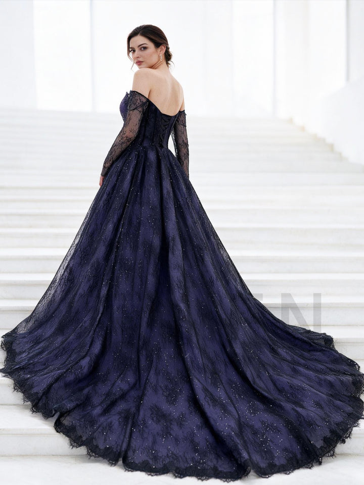 Navy Purple Off-Shoulder Long Sleeve Corset Lace Evening Gown YX26106
