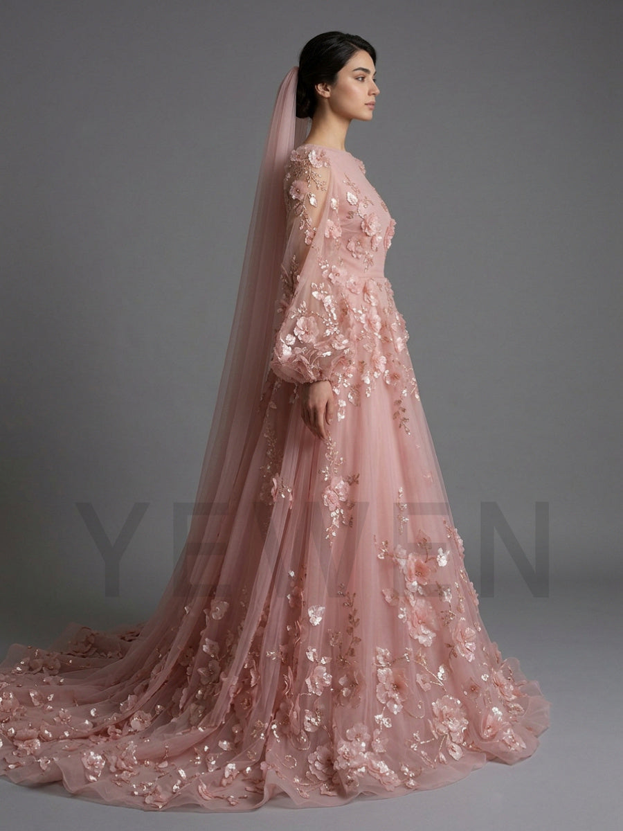 Pink 3D Floral Puff Long Sleeves Evening Gown with Train YD260925