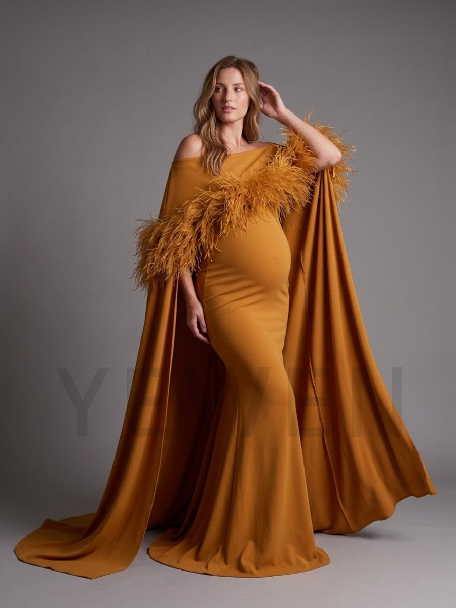 Off-Shoulder Feather Cape Pregnancy Dress for Baby Shower YW2609232