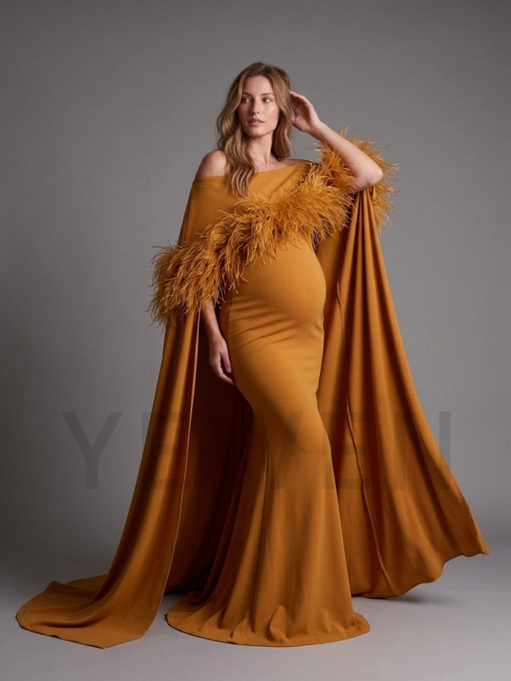 Off-Shoulder Feather Cape Pregnancy Dress for Baby Shower YW2609232