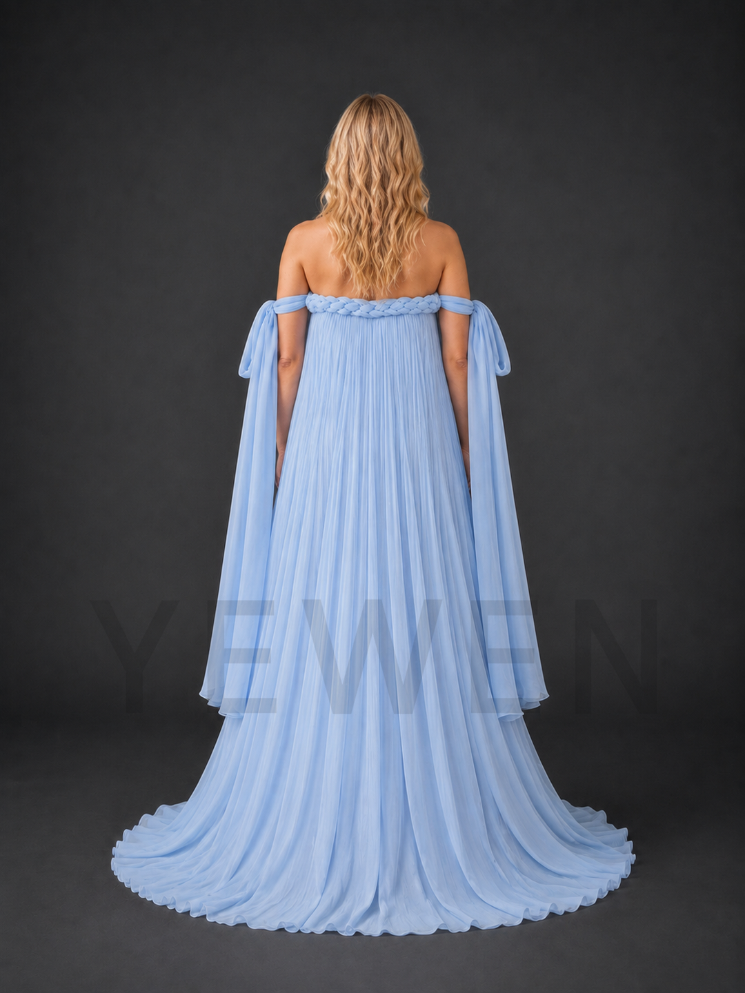 Blue Shoulder Draped Cape Pleated Maternity Photoshoot Gown HY269004