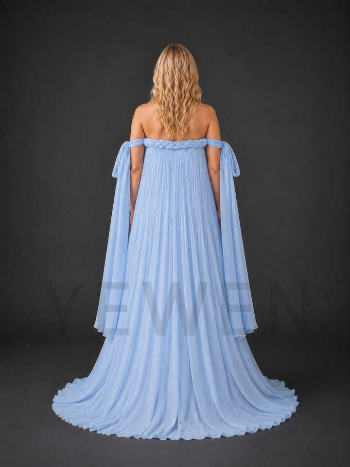 Blue Shoulder Draped Cape Pleated Maternity Photoshoot Gown HY269004
