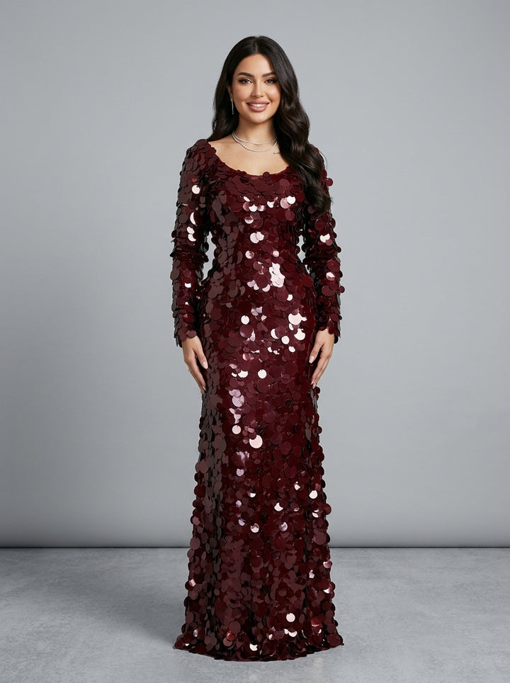 Burgundy Scoop Neck Big Sequin Long Sleeve Fit Evening Gown YD261024