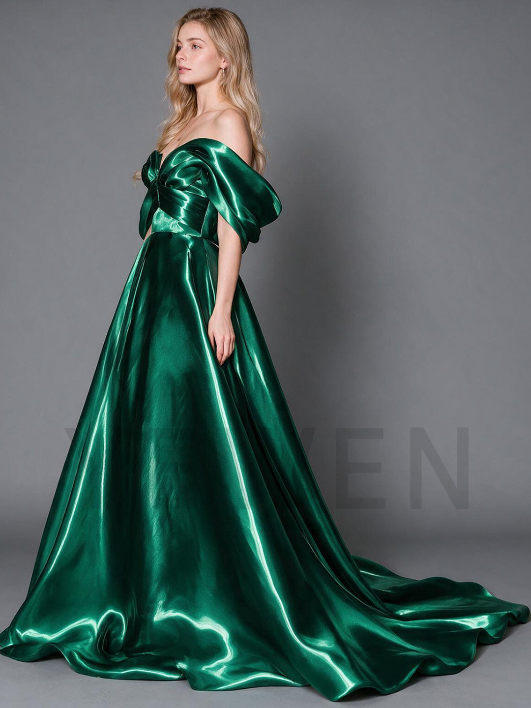 Green Off-Shoulder Puff Sleeves Satin Christmas Dress YW2610085
