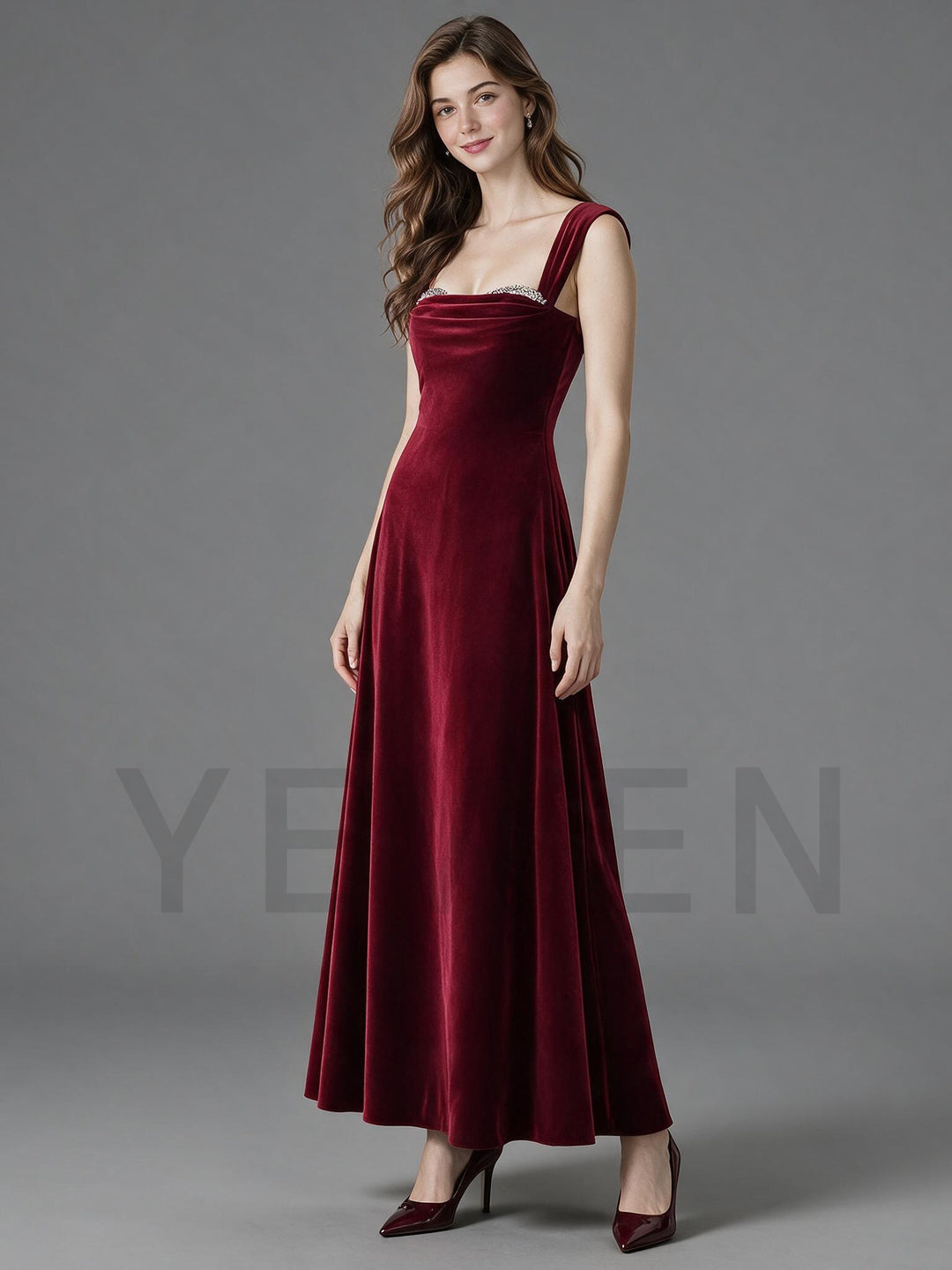 Velvet Wide Strap Rhinestone Neckline Christmas Dress YW2609211