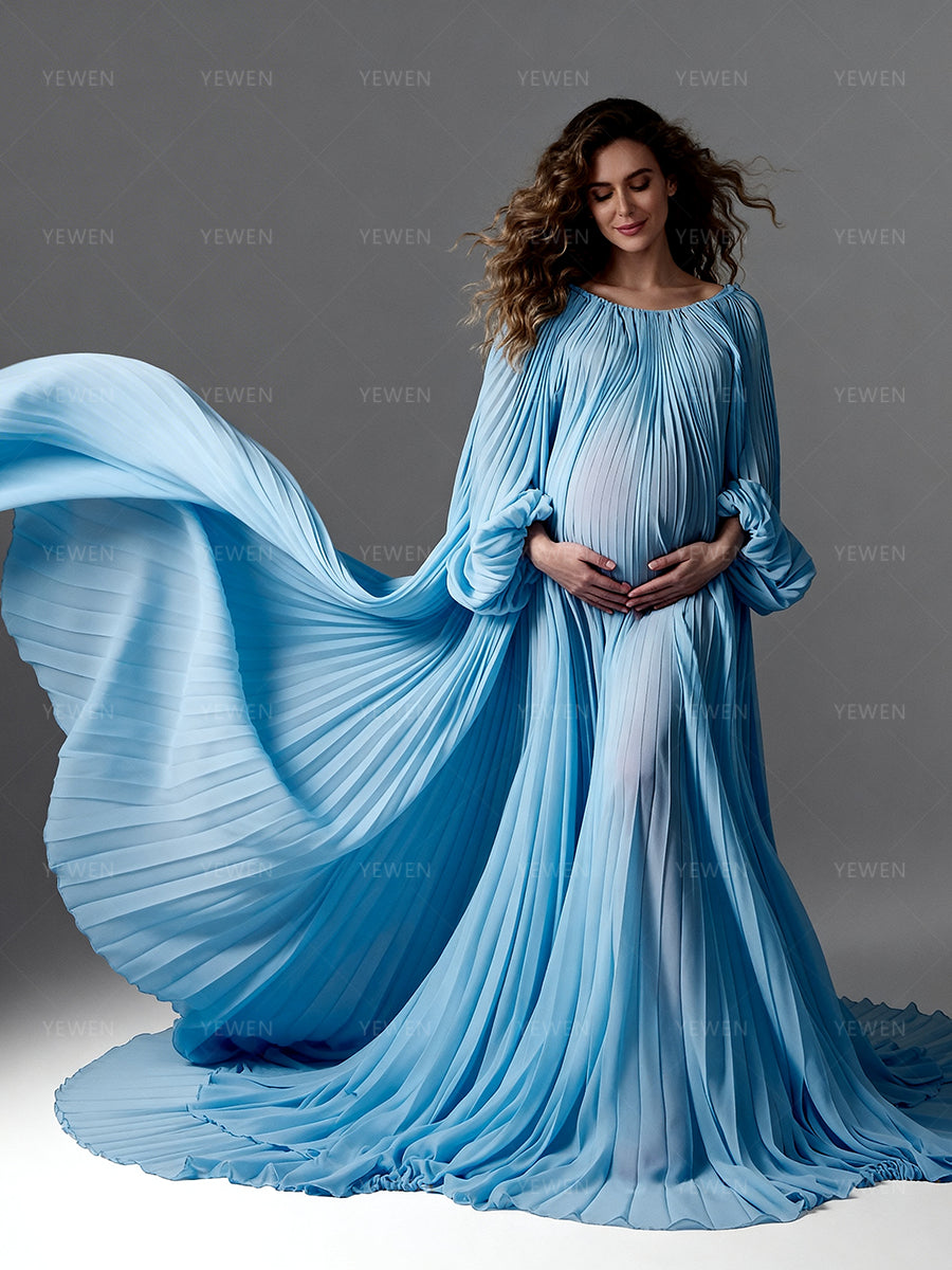 Flowing Pleated Blue Maternity Gown for Photoshoot Elegant Off Shoulder Pregnancy Dress with Long Train YW250071