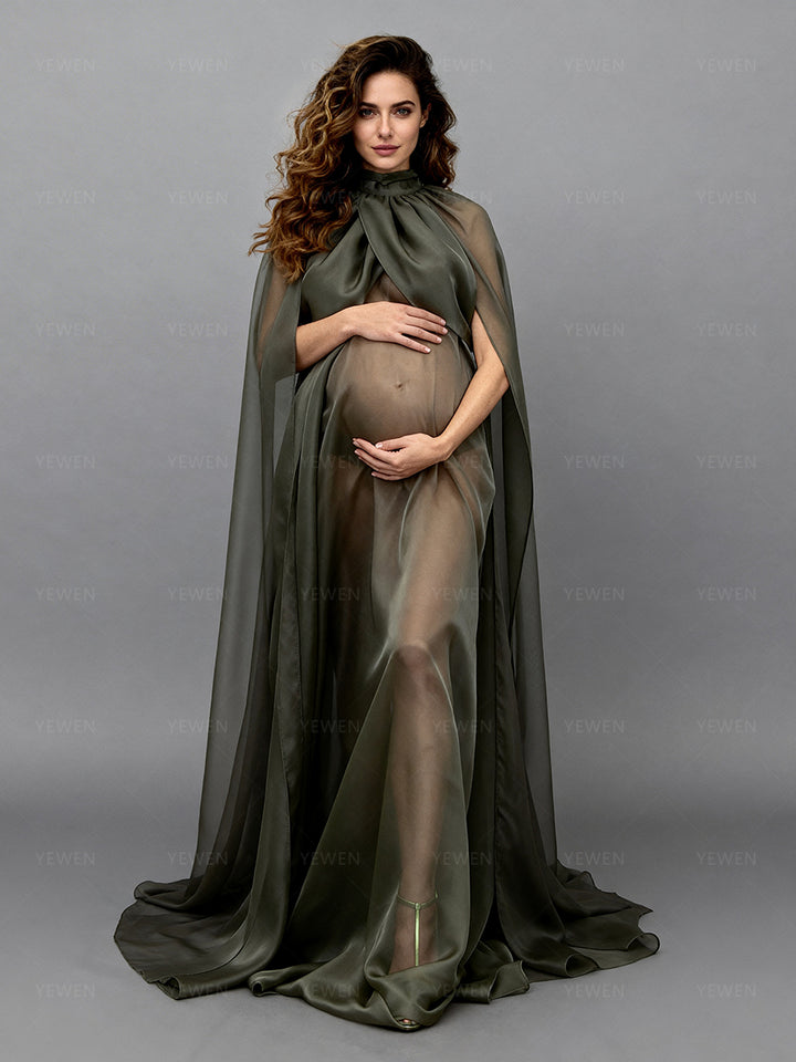 Sheer Maternity Cape Gown Olive Green Maternity Photoshoot Dress YW250037