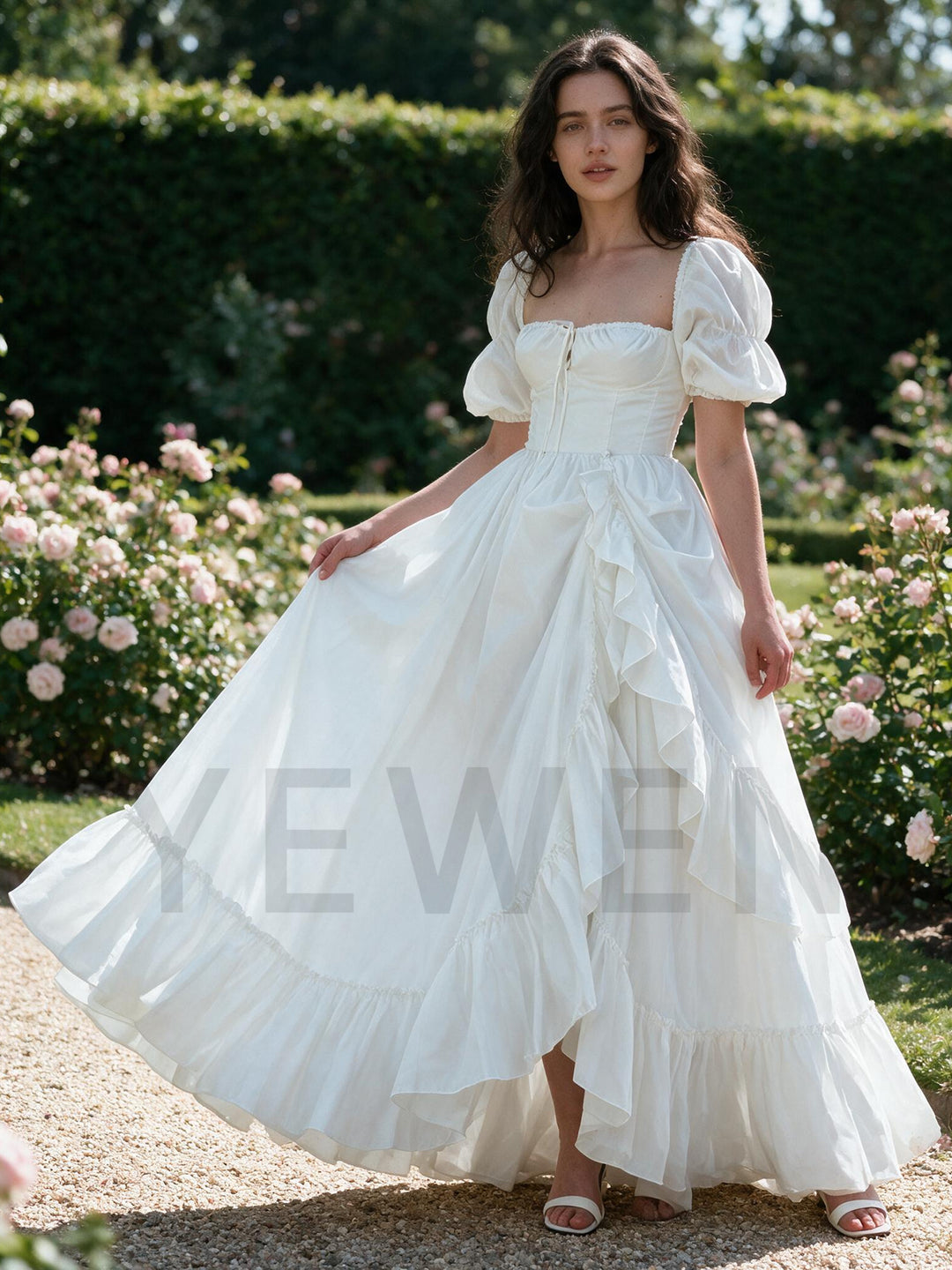 Square Neck Puff Sleeve Corset Tiered Ruffle Princess Dress YW2610152