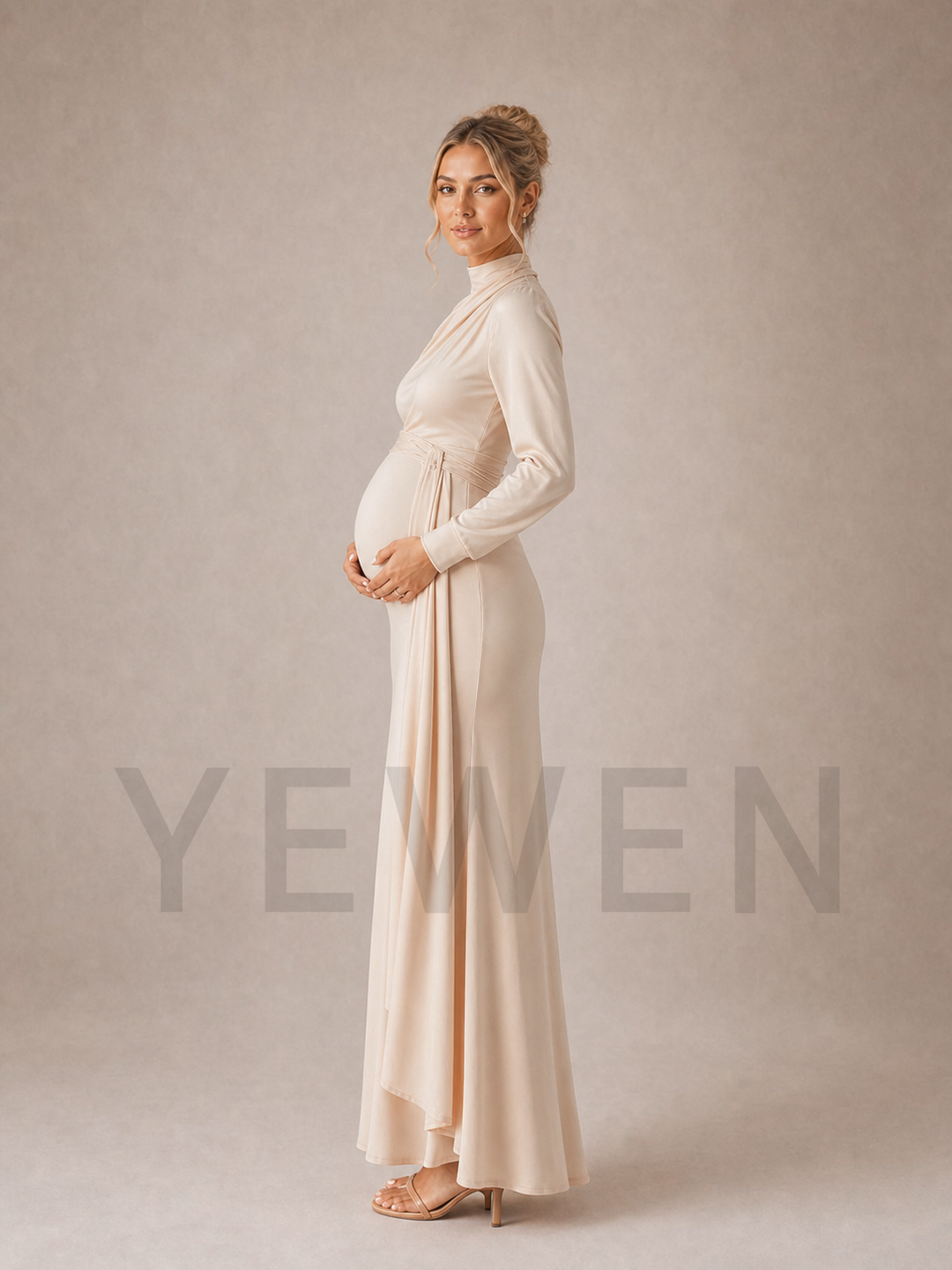 Champagne Maternity Baby Shower Dress Cold Shoulder Mock Neck Gown ZX008