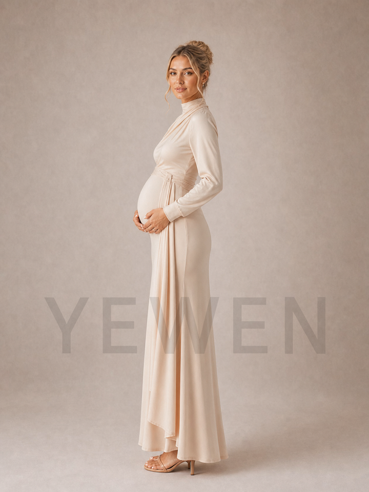 Champagne Maternity Baby Shower Dress Cold Shoulder Mock Neck Gown ZX008