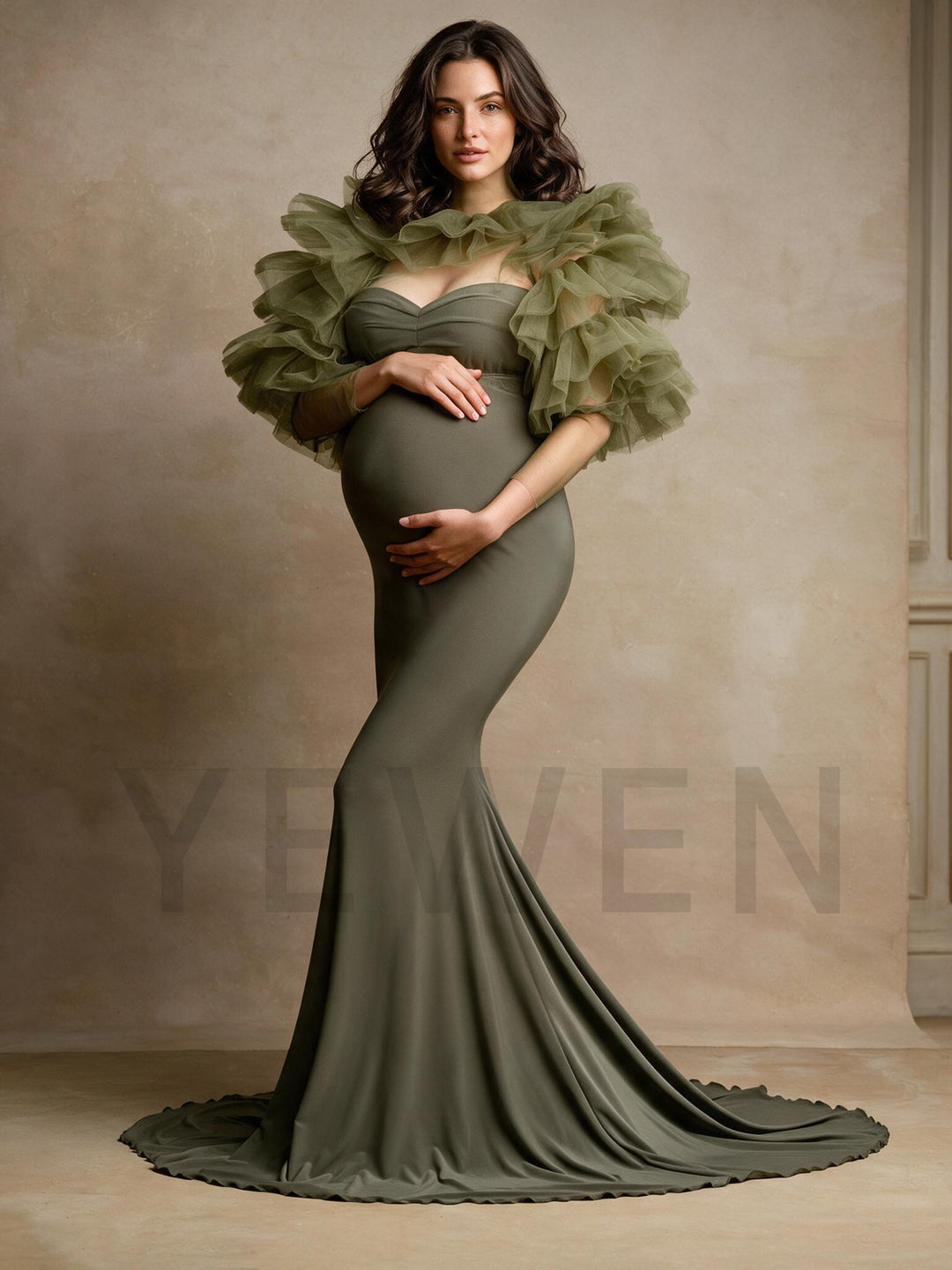 Strapless Ruffle Cape Mermaid Maternity Photoshoot Gown YW2610141