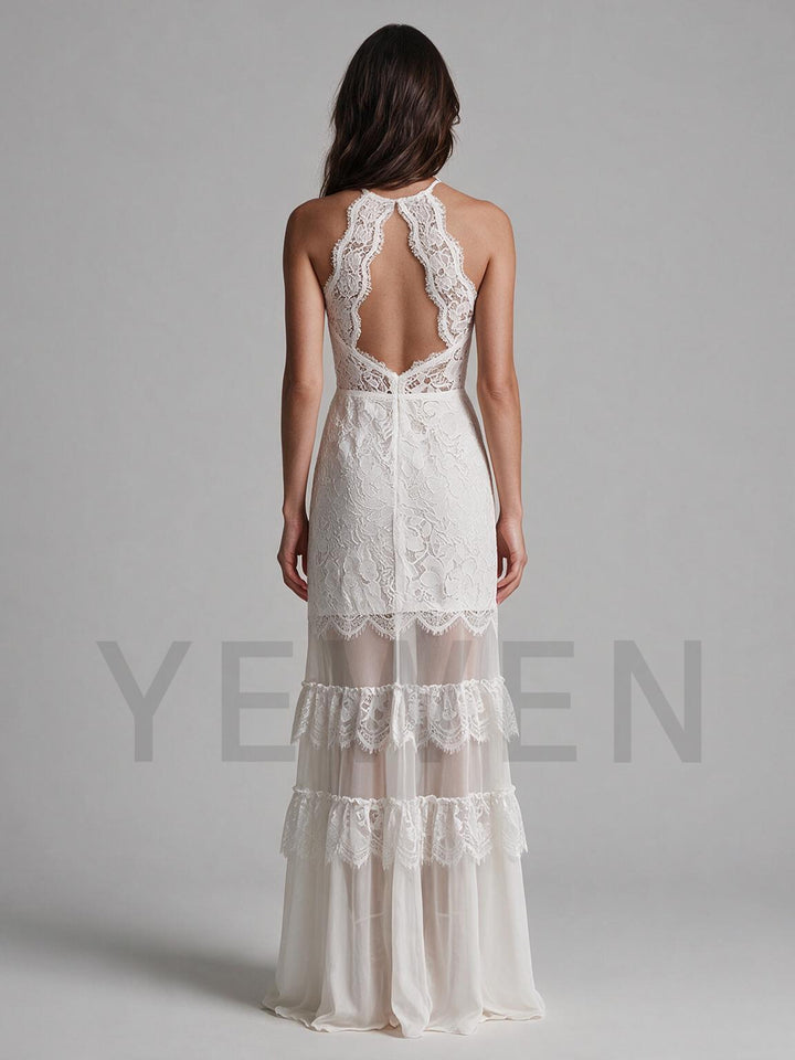 Ivory Halter Lace Boho Wedding Dress with Layered Tiered Skirt