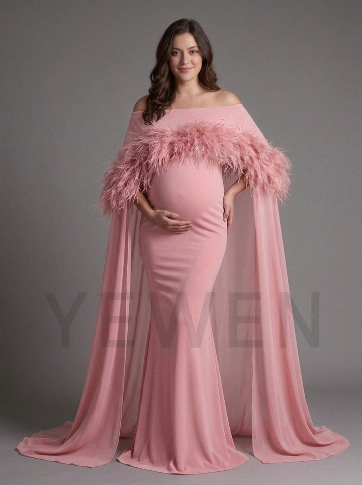 Off-Shoulder Feather Cape Pregnancy Dress for Baby Shower