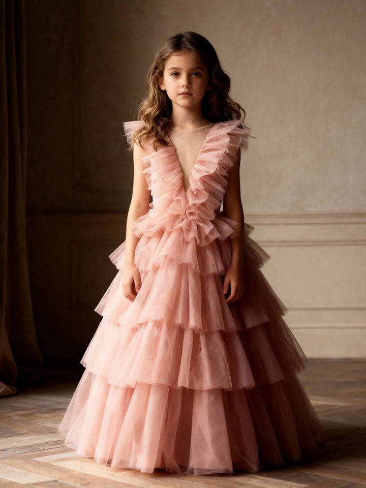 Oldrose V-neck Tulle Ruffled Long Sleeve Flower Girl Dress Child Party Dresses For Photo Shoot