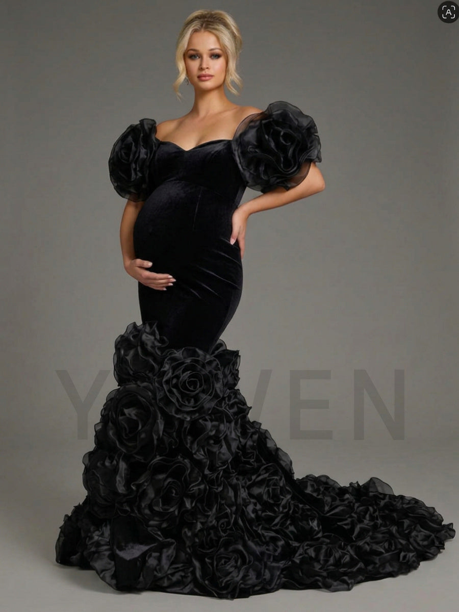 Velvet Off-Shoulder 3D Rose Mermaid Maternity Photoshoot Gown YD260919