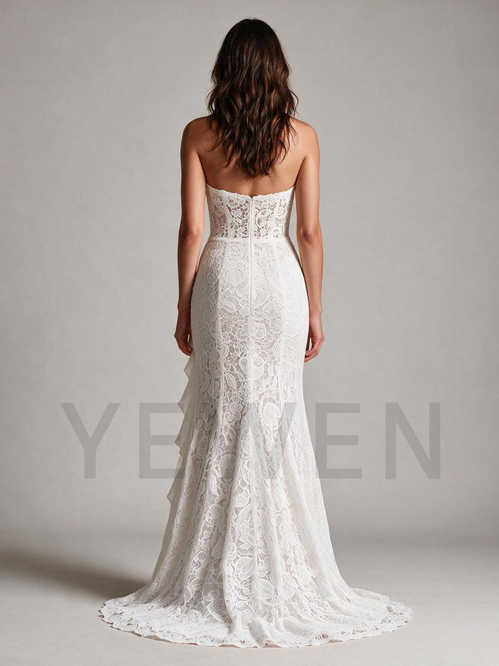 Ivory Strapless Fitted Lace Mermaid Boho Wedding Dress with High Slit Skirt