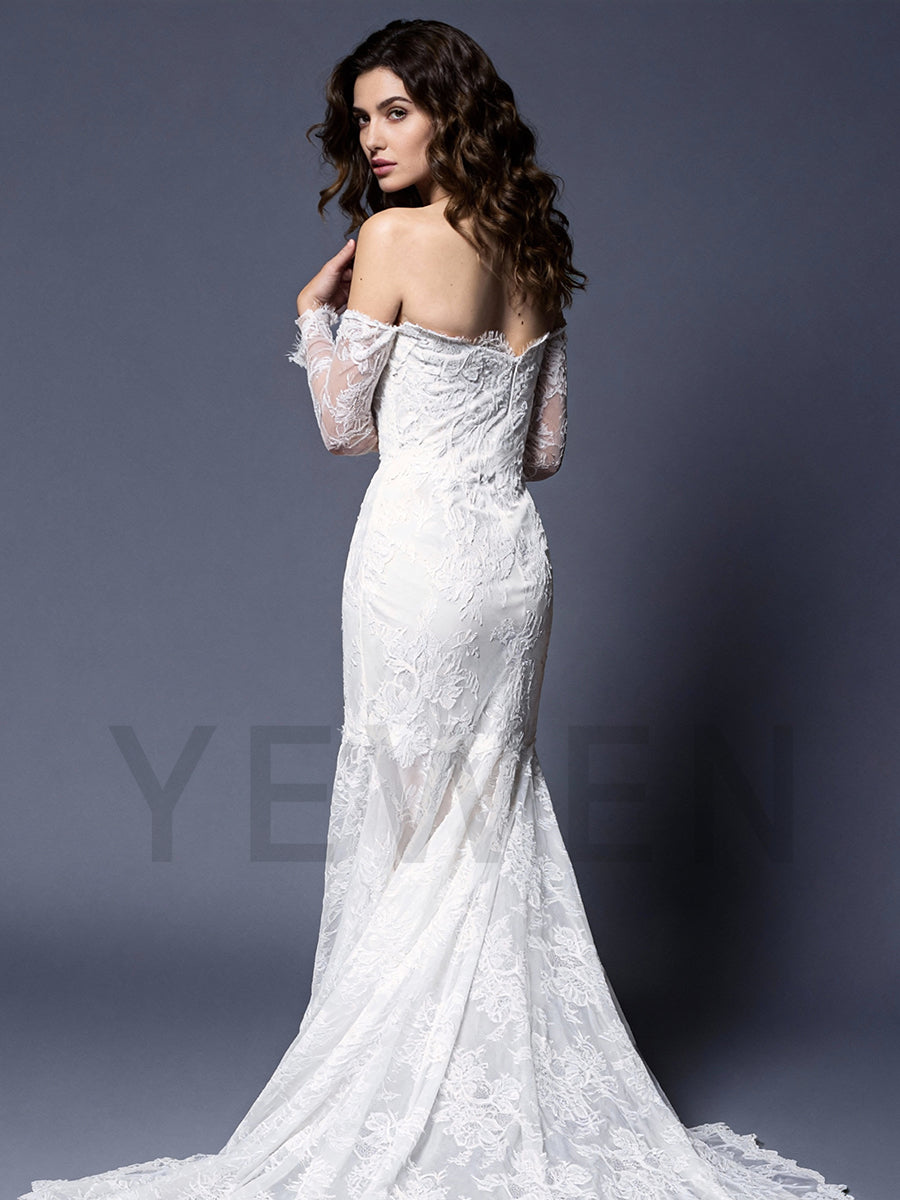 Romance Detachable Long Sleeves Mermaid Wedding Dress Lace Bridal Gown