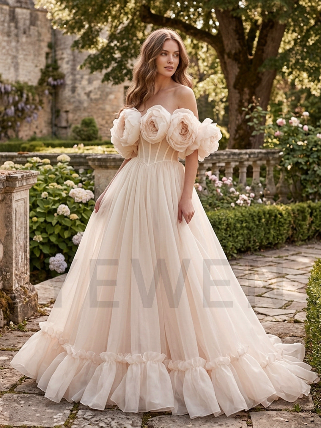 3D Floral Tulle Off-Shoulder Tiered Ruffle Princess Dress YW260367