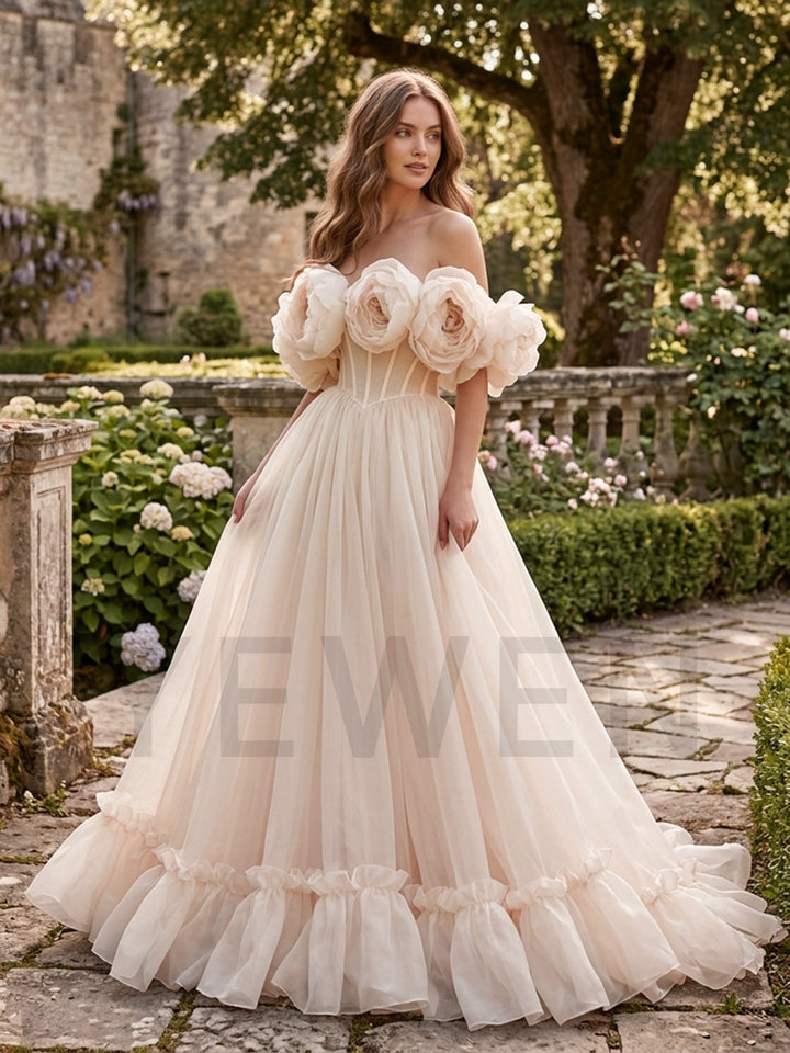 3D Floral Tulle Off-Shoulder Tiered Ruffle Princess Dress YW260367