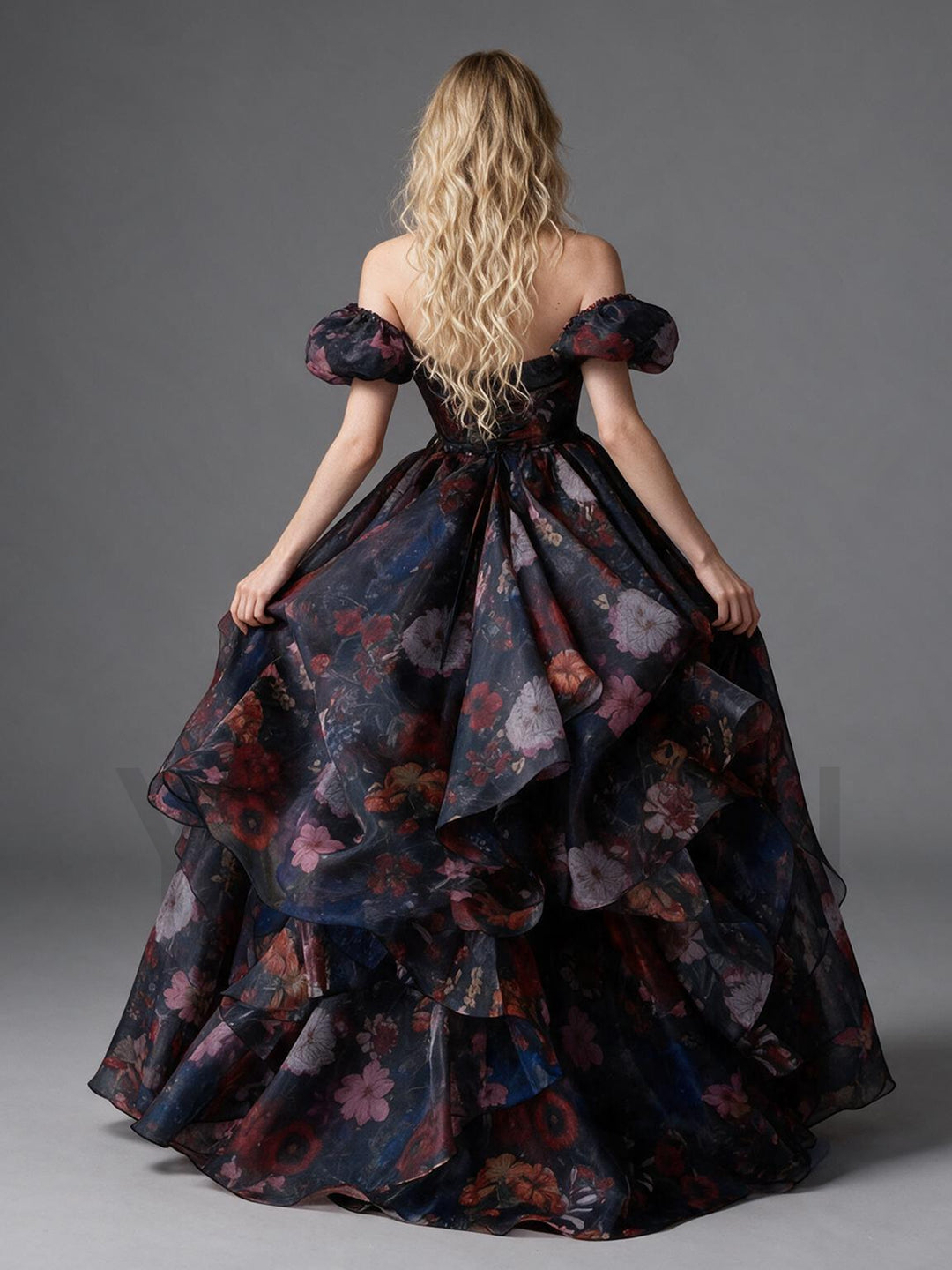 Floral Off-Shoulder Puff Sleeve Tiered Ruffle Princess Dress YW2610136