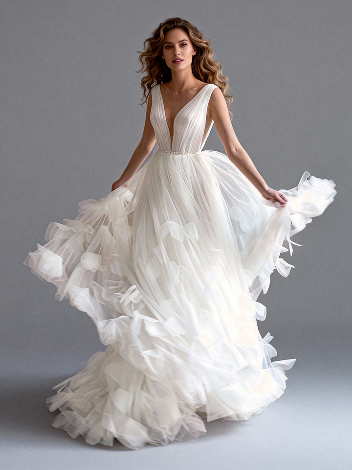 Tulle Wedding Dress Deep V Neck Sleeves Bridal Gowns Petal Trim