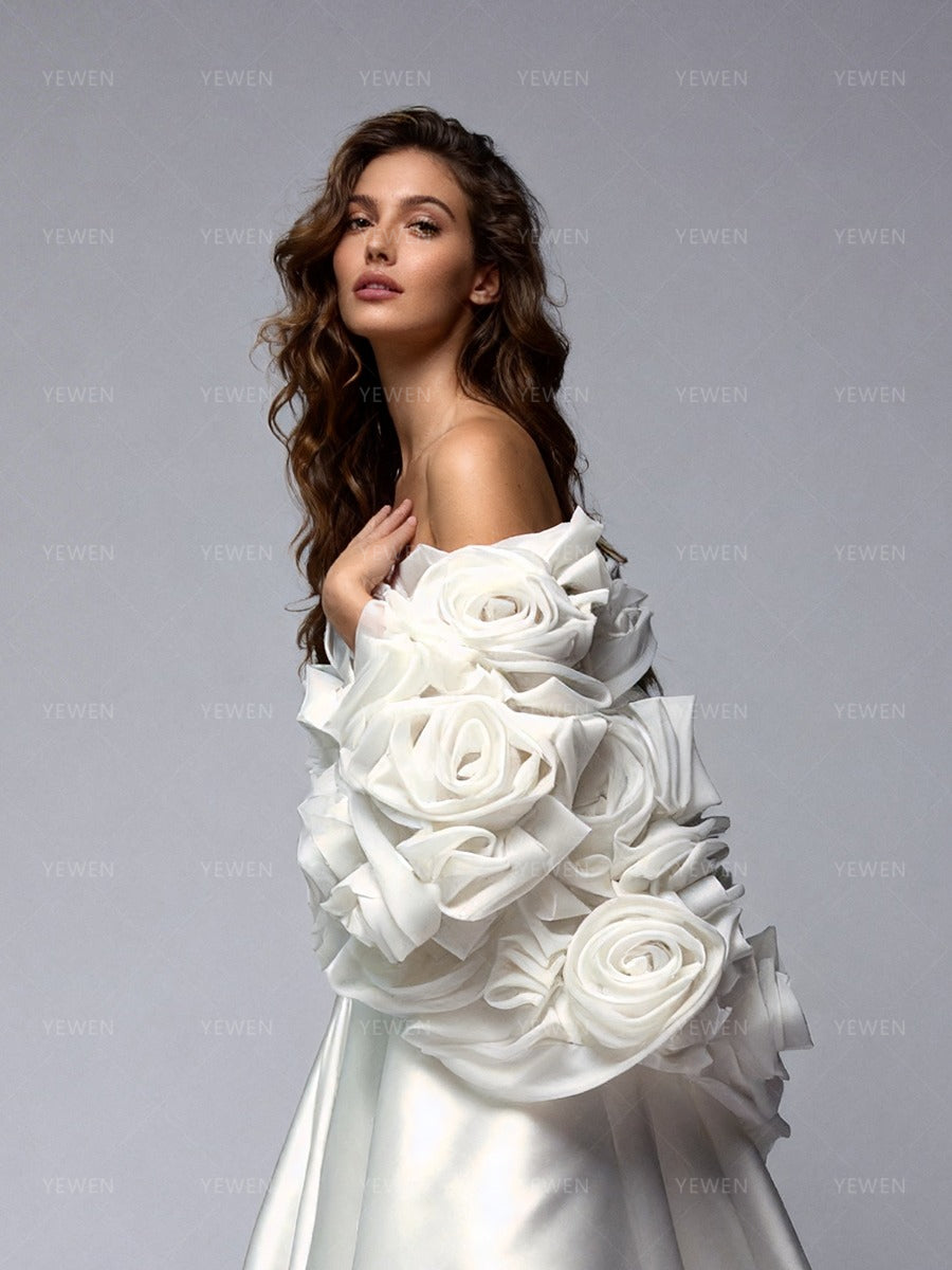 Luxury Wedding Dress with 3D Rose Flowers Cape Women Bridal Gown