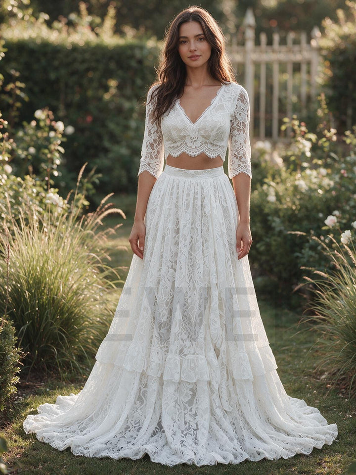 Ivory V-Neck Elbow Sleeve Lace Crop Top Boho Wedding Dress