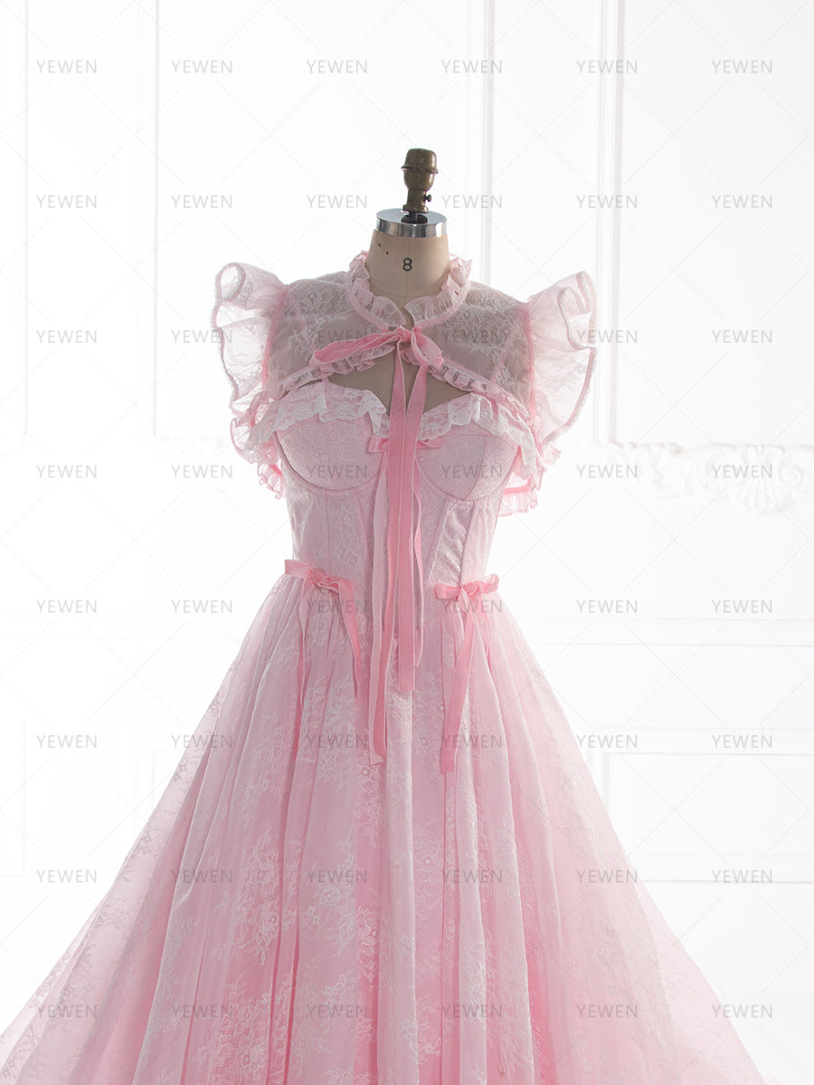 Pink Lace Princess Dress with Adjustable Train Elegant Fairytale Ball Gown YW260240